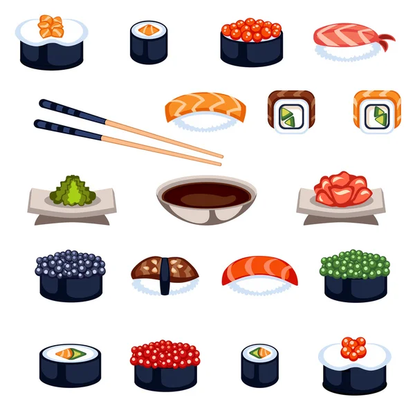 Sushi y rollos de alimentos vector iconos — Vector de stock