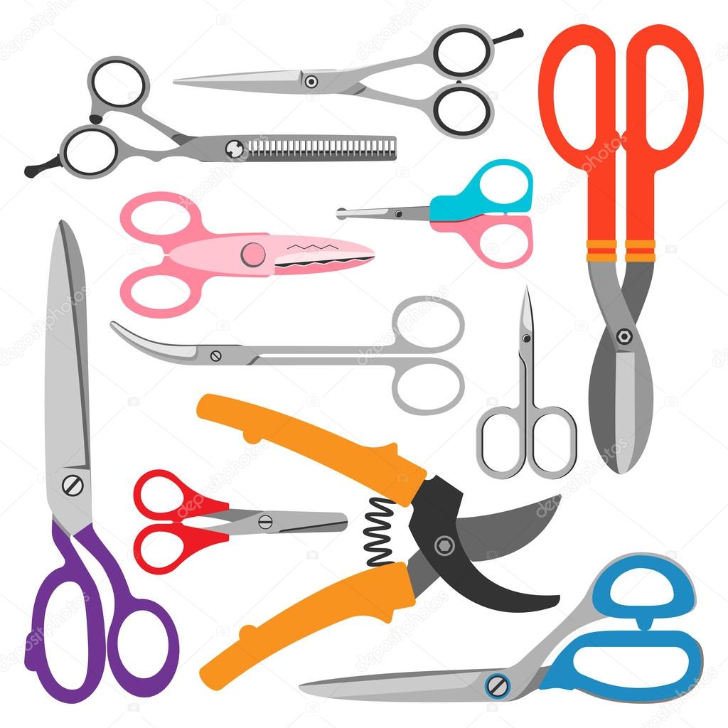 Different scissors types vector illustration in silhouette style