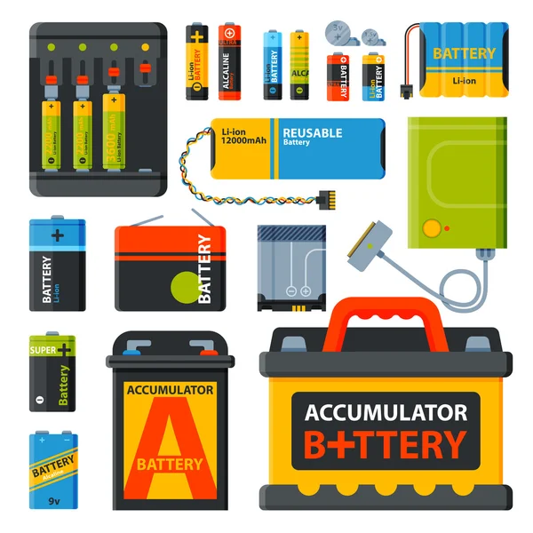 Gruppo di diverse batterie icone vettoriali — Vettoriale Stock