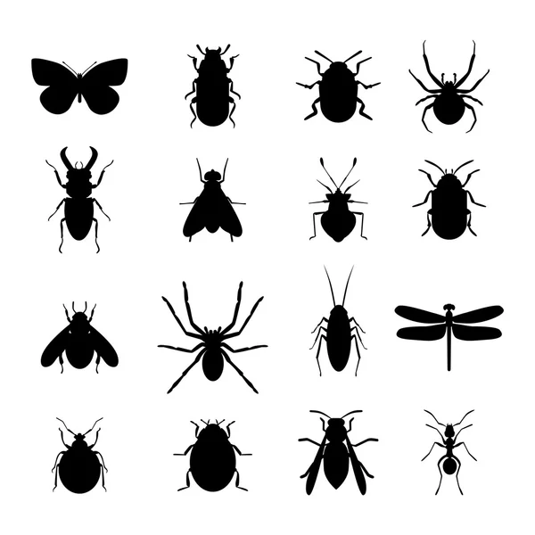 Иконки черного силуэта насекомых — стоковый вектор