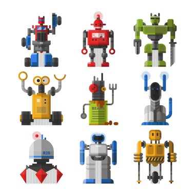Şirin vintage robotlar vektör kümesi.