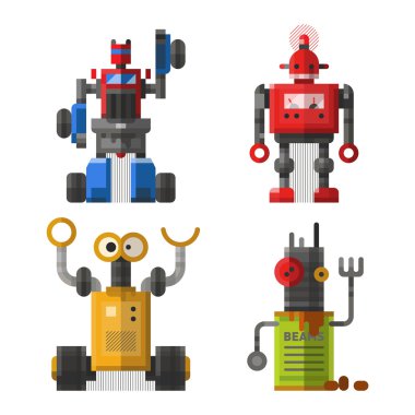 Şirin vintage robotlar vektör kümesi.
