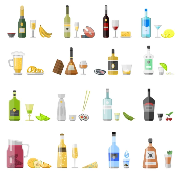 Ensemble de différentes bouteilles de boissons alcoolisées — Image vectorielle