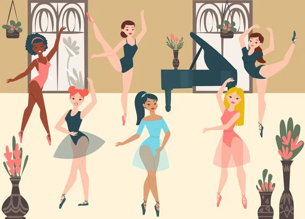 Bailarinas dançarinas, escola moderna clássica dança cartoon vetor ilustração. Grupo personagem feminina, quarto piano profissional criativo clássico balé. Vetores De Bancos De Imagens