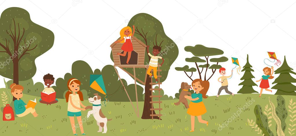 Cheerful group kid character playing together in outdoor park, treehouse children playground flat vector illustration. Girl boy play garden.