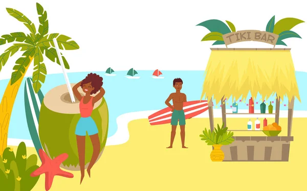 Africano personagem descanso praia tropical, surfe esporte férias, mulher pose coco homem segurar prancha de surf desenho animado vetor ilustração. Vetor De Stock