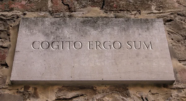 Cogito ergo 합계. 르네 데카르트에 의해 라틴어 철학적 명제 생각 일반적으로 영어로 번역, 그러므로 나는. 새겨진된 텍스트. — 스톡 사진