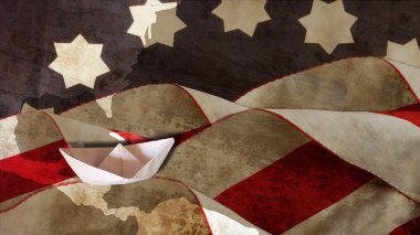 Kolomb Günü. Amerika Birleşik Devletleri bayrağı ve kağıt tekne