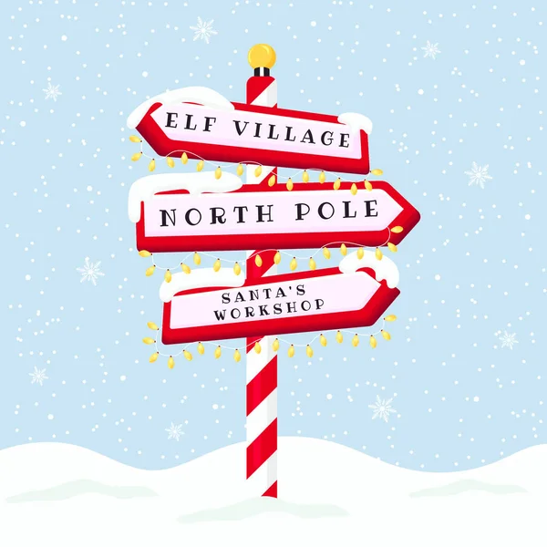 North Pole direction sign in snowy landscape flat vector.