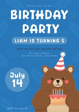 Şirin Çizgi Film Ayısı Mavi Çocuklar Doğum günü Partisi Dikey Davetiyesi.