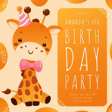 Karikatür Zürafa Çocuk Doğum Günü Parti Meydanı Davet Şablonu.
