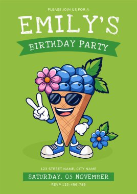 Komik dondurma külahı çizgi film maskotu doğum günü partisi davetiye şablonu.