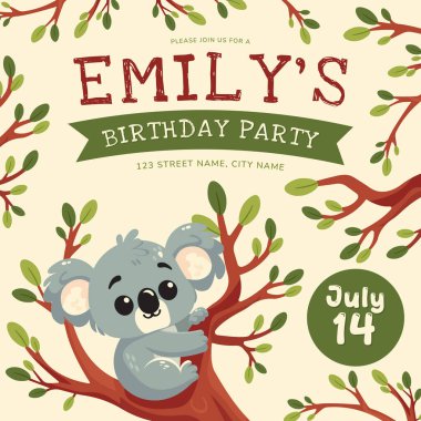 Şirin Koala Ayısı Doğum günü Partisi Davet Şablonu Vektörü.