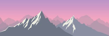 Minimalist Dağ Manzarası Sancak Tasarımı Kar Tepeleri Pembe Gökyüzü Soyut Vektörü.