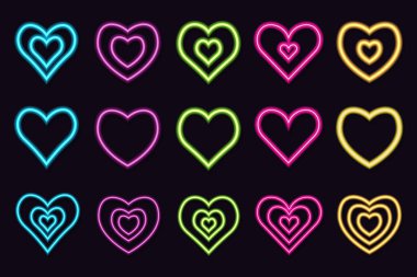 Sevgililer Günü ve düğün tasarımı için parlayan renkli neon kalpler..