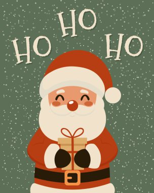 Şirin Noel Baba 'nın elinde hediye kutusu var. Üzerinde Ho Ho Ho tipografisi var. Kar yeşili arka plan..