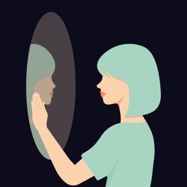 Kız aynadaki yansımasına bakıyor. Kendini kabul etme ve zihinsel sağlık düz vektör çizimi..