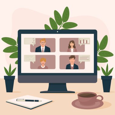 İş dünyası grup vektör illüstrasyonuyla bilgisayar ekranında video konferansı.