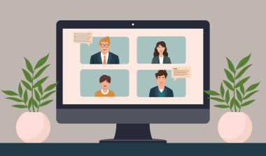 Masaüstü bilgisayar monitörü vektör illüstrasyonunda sanal takım toplantısı.