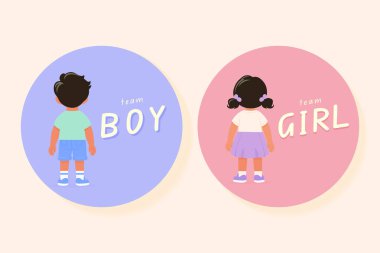 Gender reveal party sticker set with little boy and girl characters vector illustration.