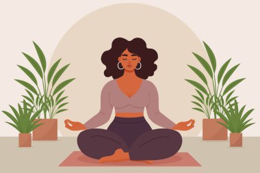 Artı evde meditasyon yapan boyunda bir kadın bitkilerle vücut pozitifliği gösteren kız vektör çizimi yapıyor..