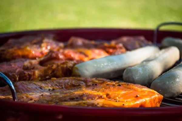 Carnes sortidas na churrasqueira vermelha — Fotografia de Stock