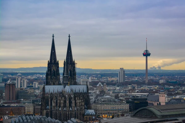 Köln Katedrali ve erken günbatımı Tv Kulesi manzarası — Stok fotoğraf