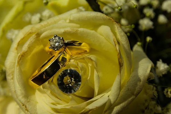 Altın elmas alyans birlikte parlak sarı çiçek yaprakları