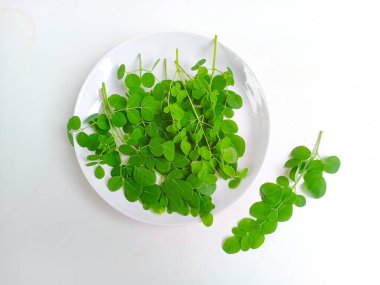 Beyaz tabakta taze moringa ya da Daun Kelor, izole edilmiş beyaz arkaplan