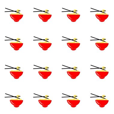 Yemek çubukları ve eriştelerle kırmızı kaselerin tekrarlanan deseni