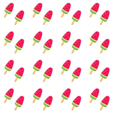 Karpuzlu dondurma çizimi. Karpuzlu dondurmanın pürüzsüz şekli. Pembe dondurma çubuğu karalaması. Yaz arkaplanı ve karpuzlu dondurma.