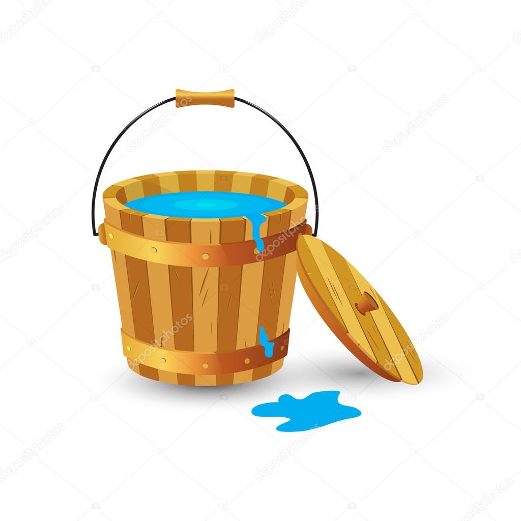 Wooden bucket with water drops.