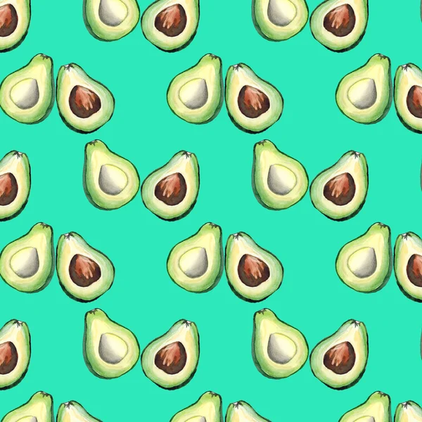 Nahtloses Muster aus Avocado auf türkisfarbenem Hintergrund. Aquarell-Zeichnung von Avocado. — Stockfoto
