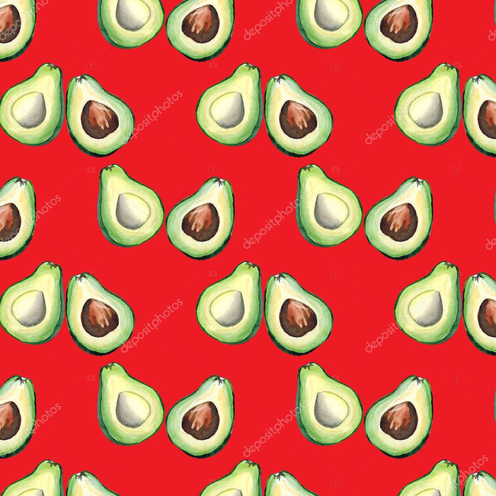 Seamless pattern di avocado su sfondo rosso Disegno di avocado di colore di acqua —
