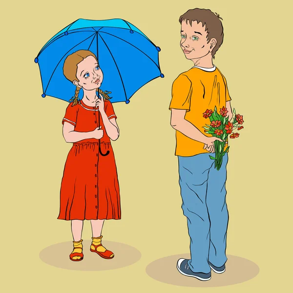 şemsiye ve sarı bir tişört w çocuk altında Kırmızı elbiseli kız