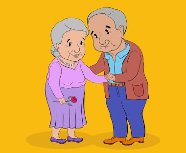 yaşlı bir kadın ve bir orta yaşlı adam ayakta ve elini tutarak