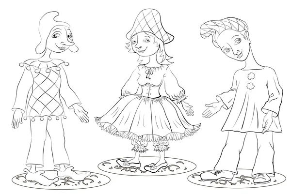 Arlequín, Columbina y Pierrot commedia dell 'arte para colorear boo — Vector de stock