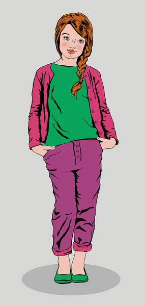 Cute girl wearing purple jeans and a green shirt standing — Stock Vector