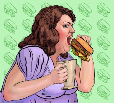 şişman kadın bir hamburger yiyor 