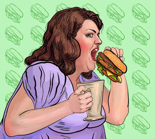 Grosse femme mange un hamburger — Image vectorielle