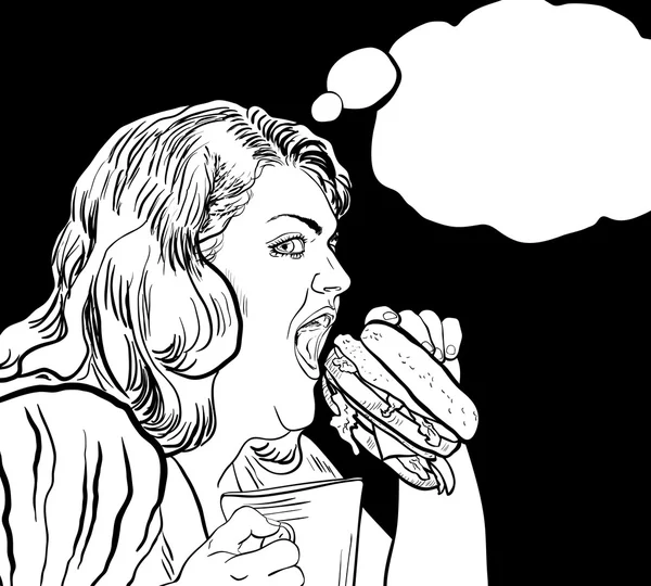 Fat woman eats a hamburger coloring book with bubble — Stock Vector