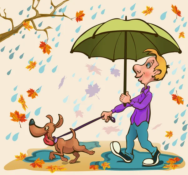 Parkta yağmur altında bir köpek ile yürüyen genç adam bir şey