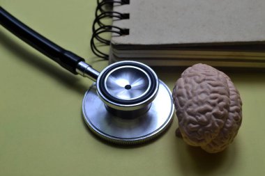 Akademik görseller ve tıp eğitimi içeriğindeki sağlık hizmetleri markaları için nörolojik çalışmaları ve klinik araçları temsil eden sarı yüzey üzerine beyin modeli steteskop ve not defteri