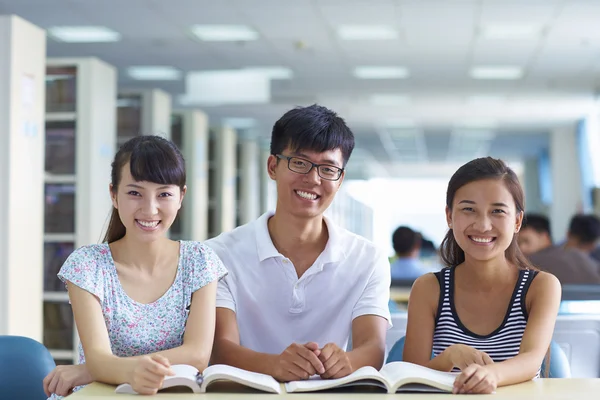 Unga studenter studera tillsammans i biblioteket — Stockfoto