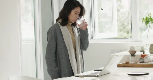 Bonita asiática empresária ocupada trabalhando em casa usando laptop — Vídeo de Stock