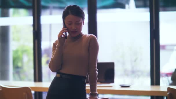 Jovem empresária chinesa falando no telefone no escritório — Vídeo de Stock