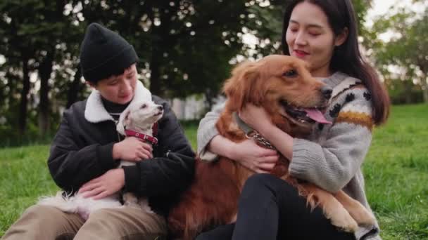 Paar umarmt Hund — Stockvideo