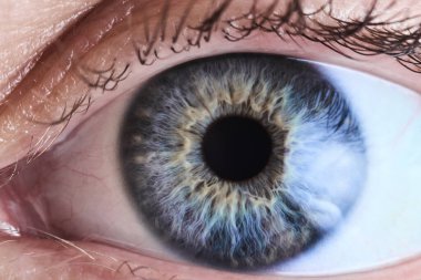 Mavi bir kadın gözünün makro fotoğrafı doğrudan kameraya bakıyor.