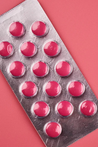 Blister Pink Pills Close Isolated Pink Background Copy Space Digestive — Stock Photo, Image