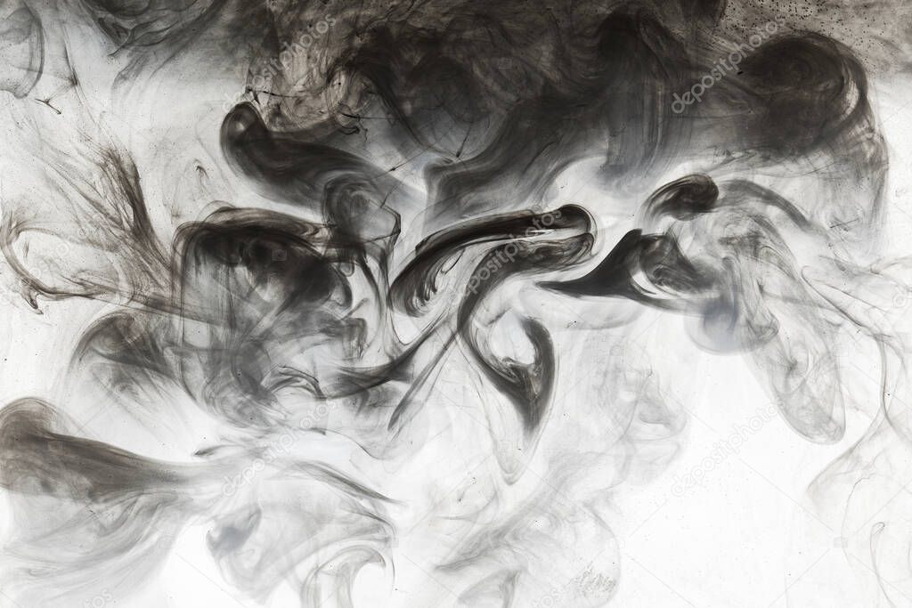 Abstract paint in water background. Black smoke cloud in motion on white, acrylic swirl splashes